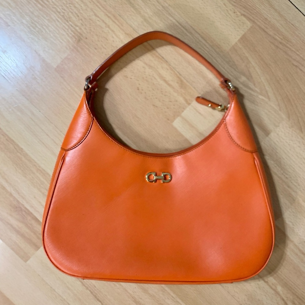 Salvatore Ferragamo Romana Gancini vibrant orange Saffiano Leather Hobo